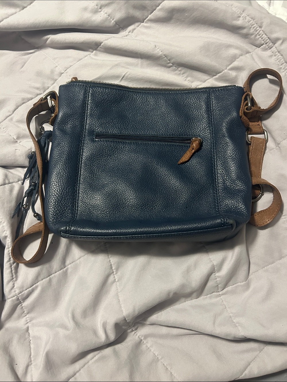 The Sak Teal Pebbled Leather Crossbody with Tan Strap